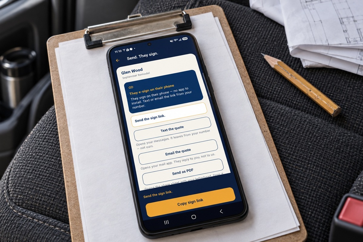 Clipboard and phone showing AiQuoteSnap Send. They sign. — hub cover.