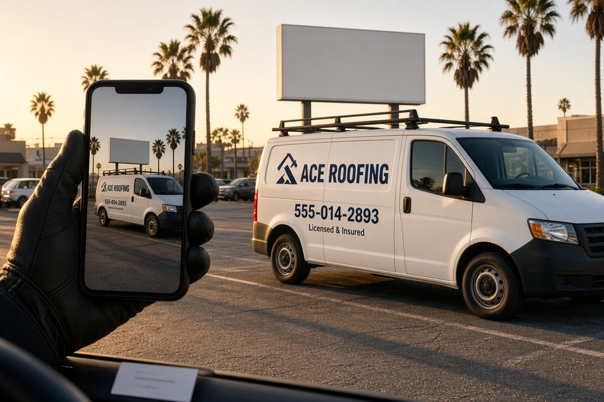 Gloved hand photographing an Ace Roofing work van with a demo phone number from inside a vehicle at golden hour.