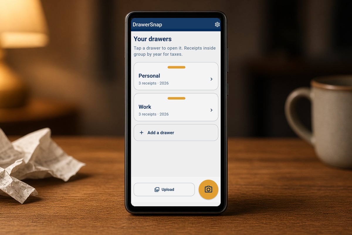 Phone on a desk with receipts, showing DrawerSnap Your drawers with Personal and Work.