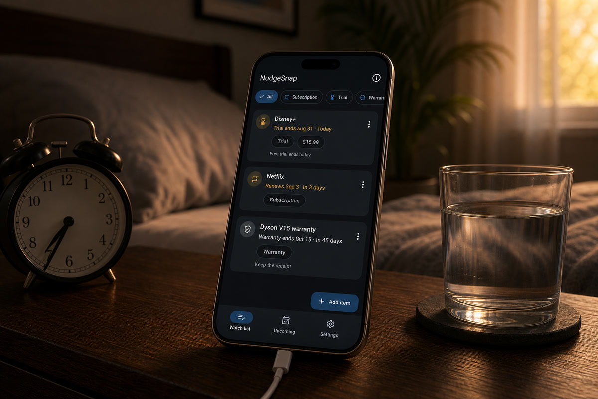 Smartphone on a wooden bedside nightstand next to an analog clock and a glass of water, showing the NudgeSnap watch list.