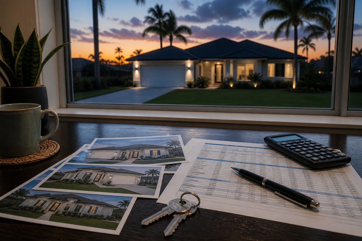 Dusk Florida house seen through a window, with deal papers, keys, and a calculator on the desk.