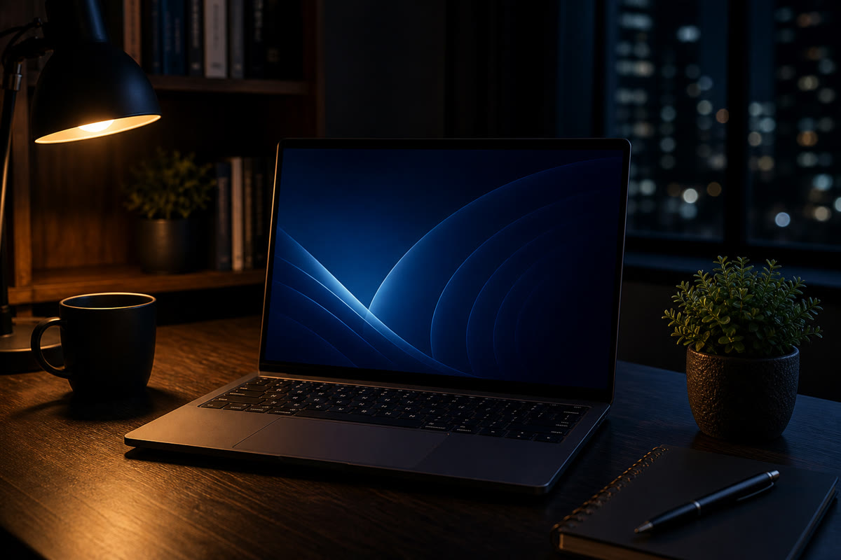 Laptop on a desk at night showing a quiet navy desktop with no taskbar, ads, or widgets.